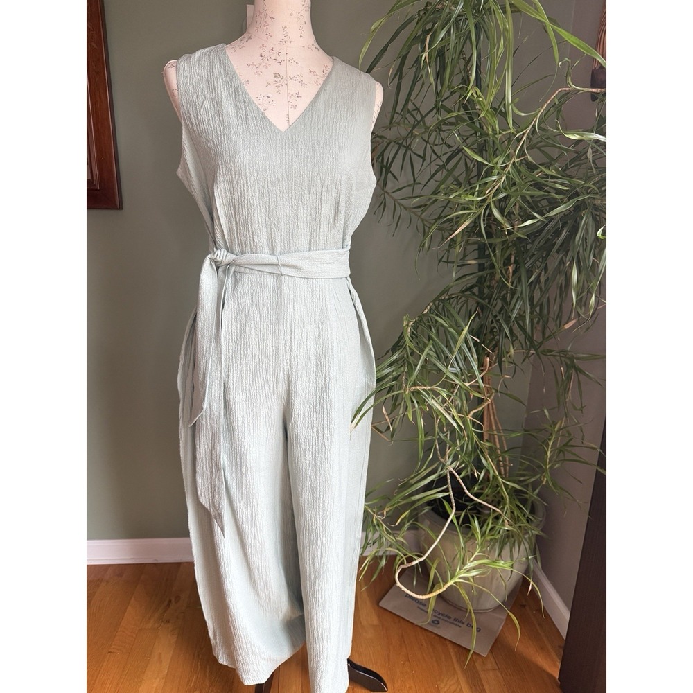 CALVIN KLEIN Women's 8 Sage Green Wide Leg Belted Textured Romper Jumpsuit